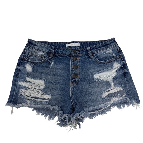 HIDDEN Women Distressed Blue Denim High-Waisted Shorts XL Frayed Hem Button Fly - Picture 1 of 13